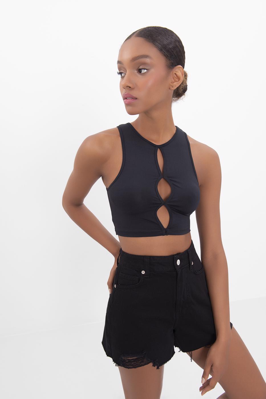 Cut out detailed sleeveless crop top Mat black