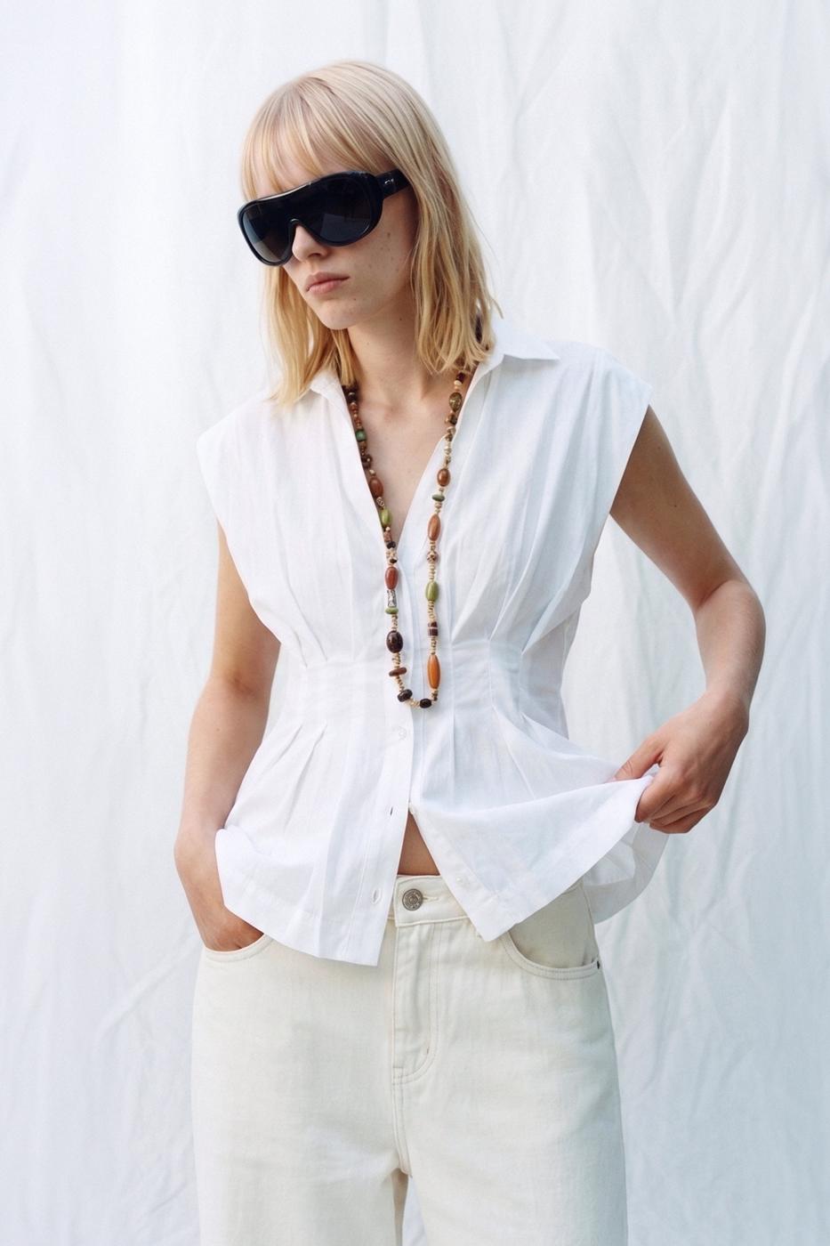 Darted Waist-Fit Pleated Shirt White