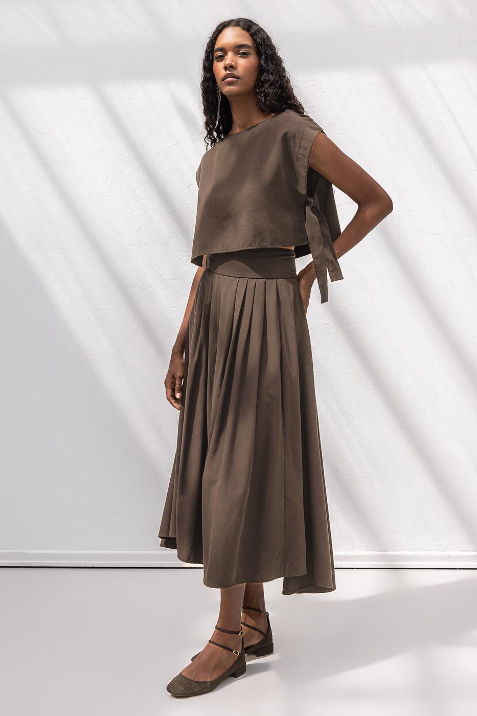Pleated Midi Skirt Brown