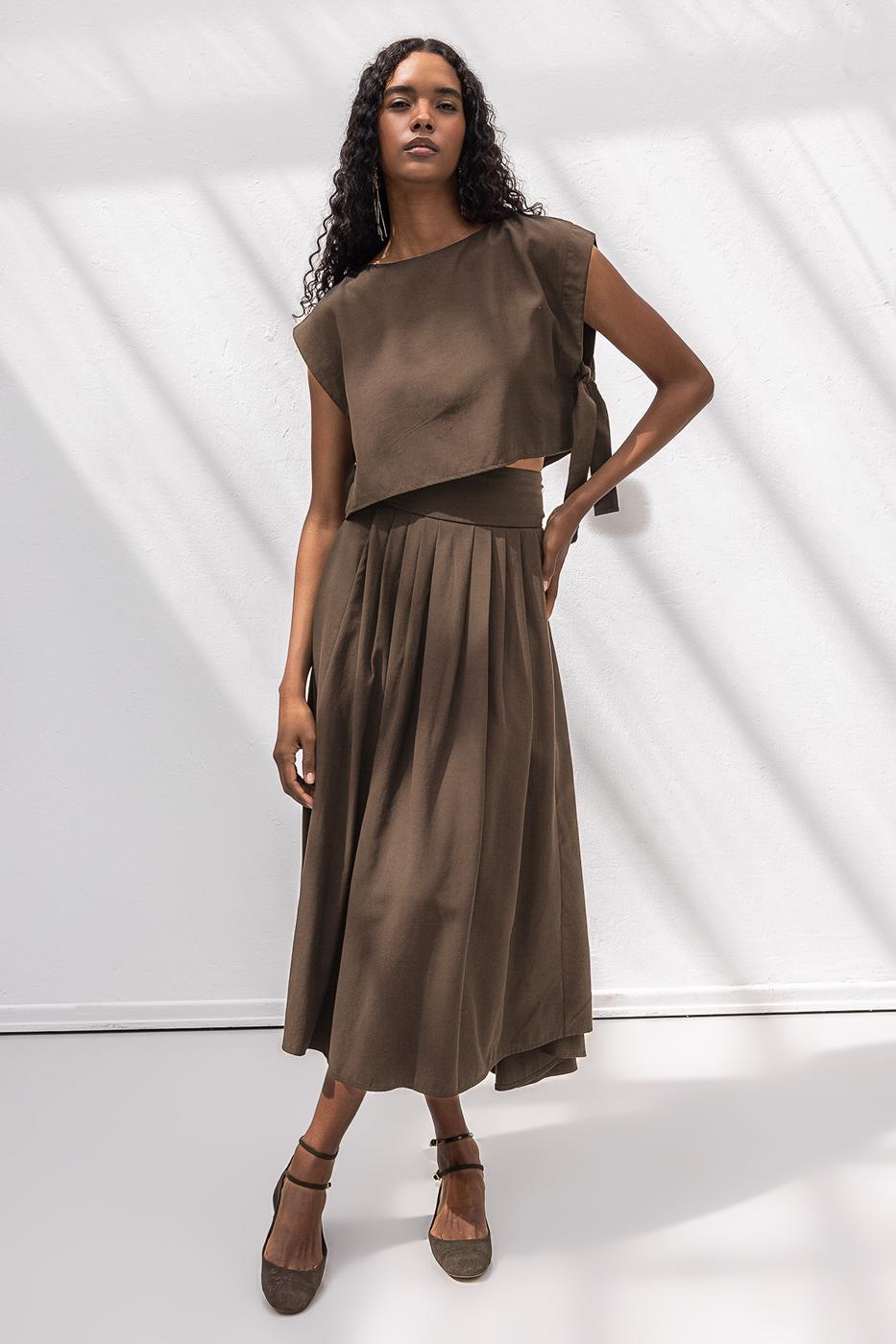 Pleated Midi Skirt Brown