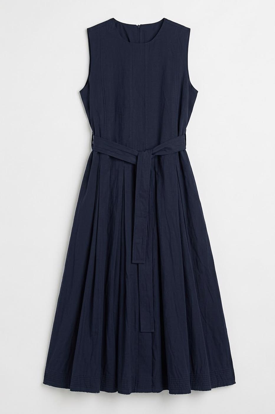 Pleated Cotton Midi Dress Navy