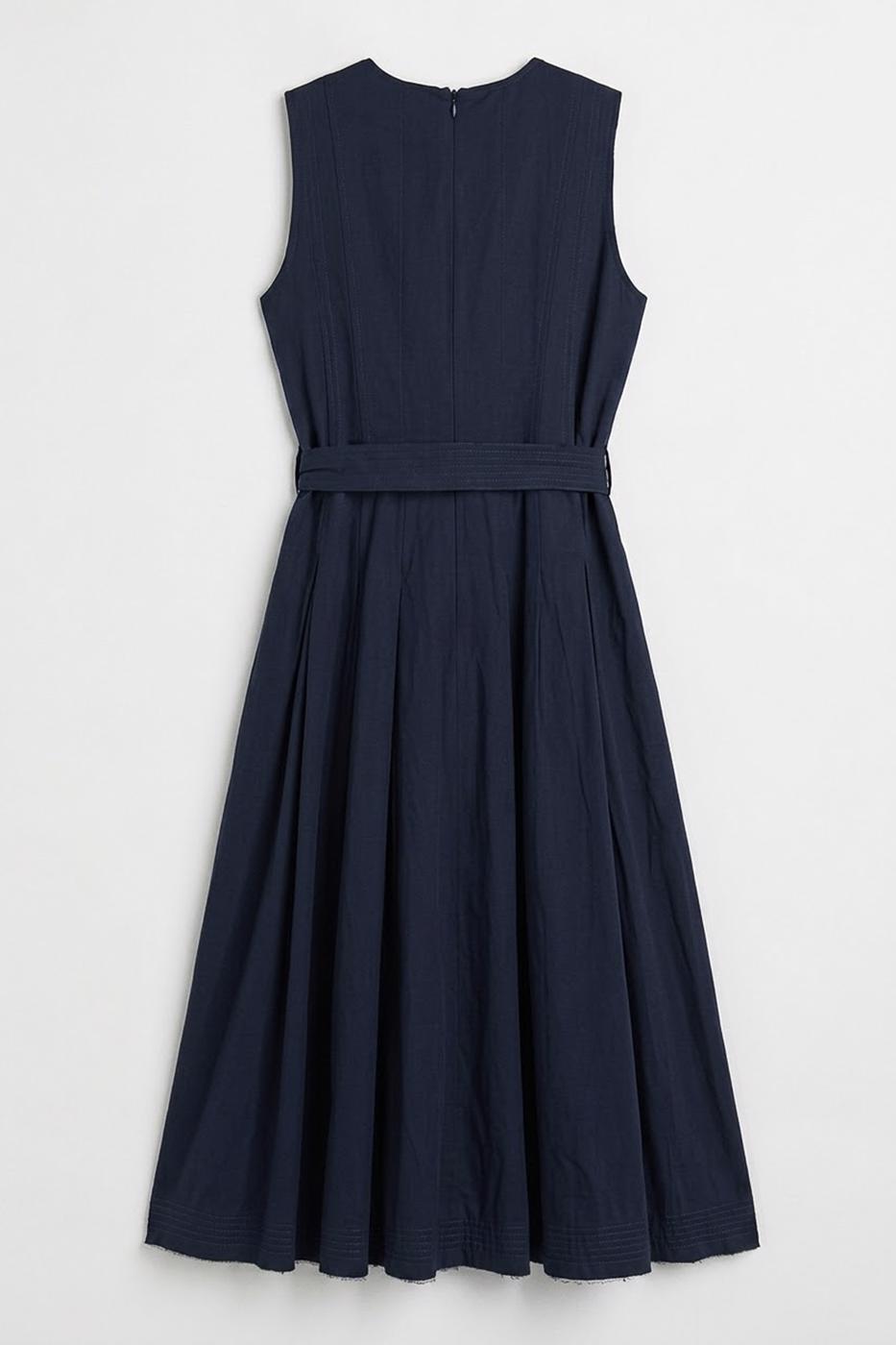 Pleated Cotton Midi Dress Navy