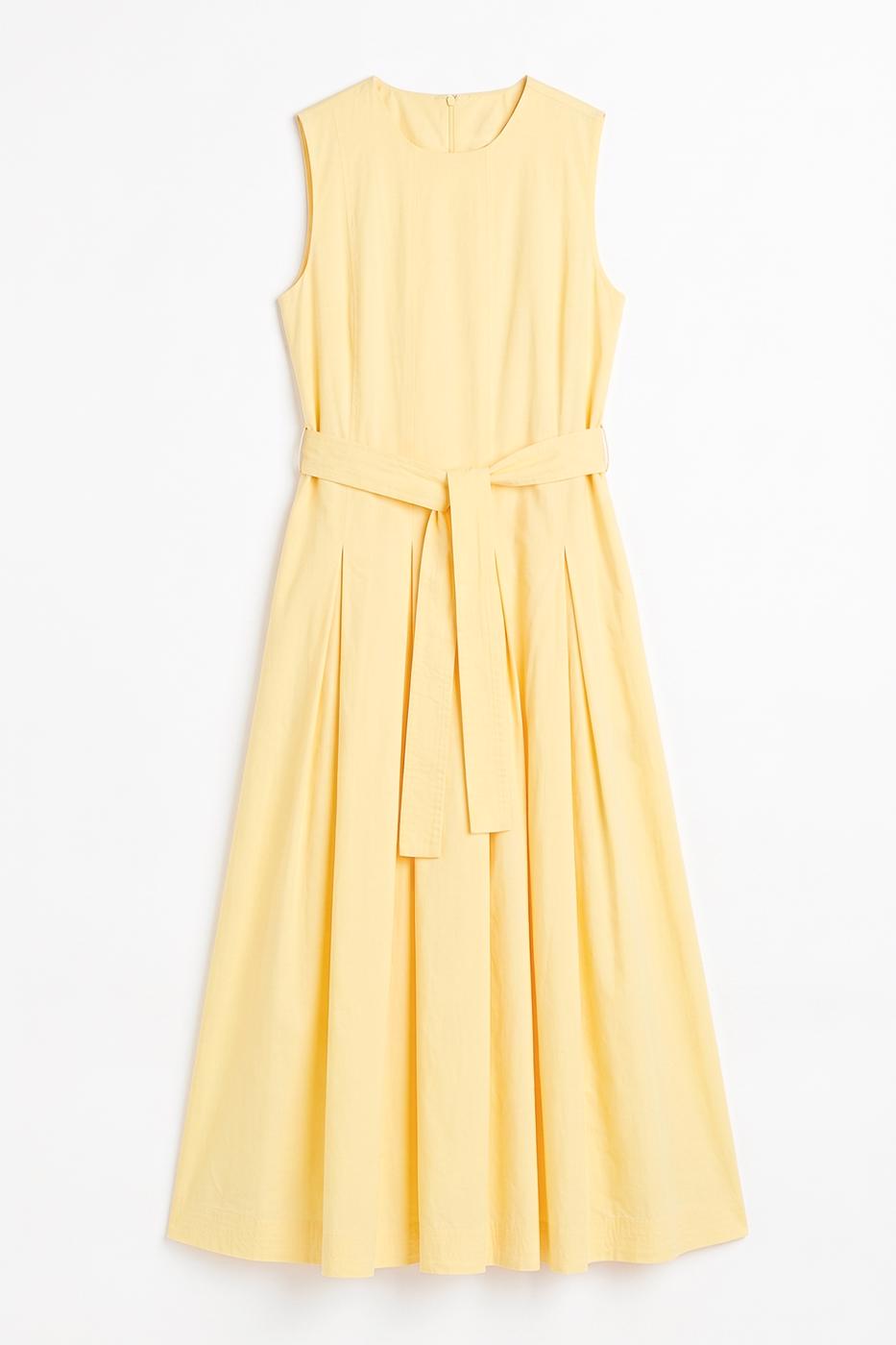 Pleated Cotton Midi Dress Yellow