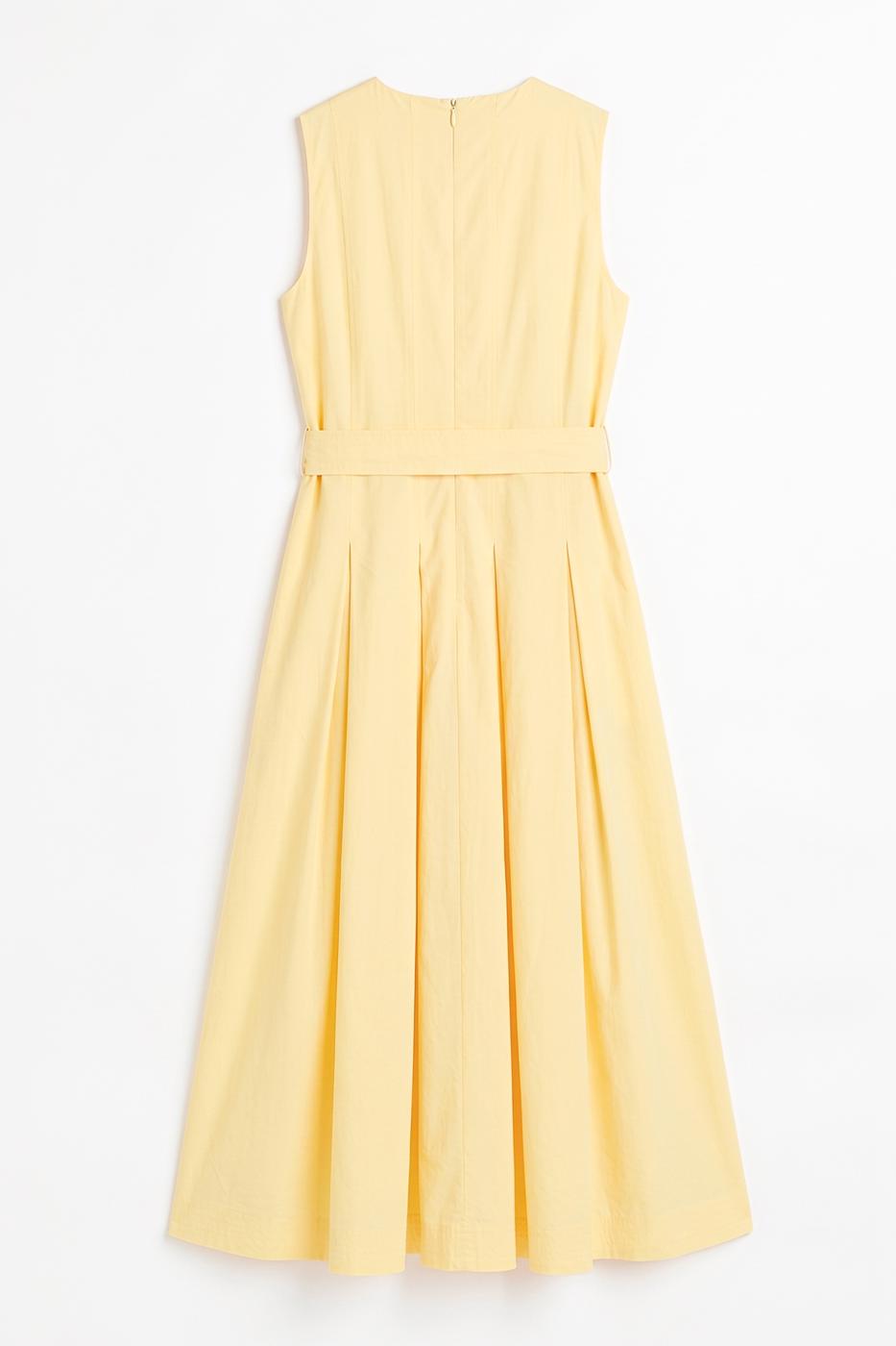 Pleated Cotton Midi Dress Yellow