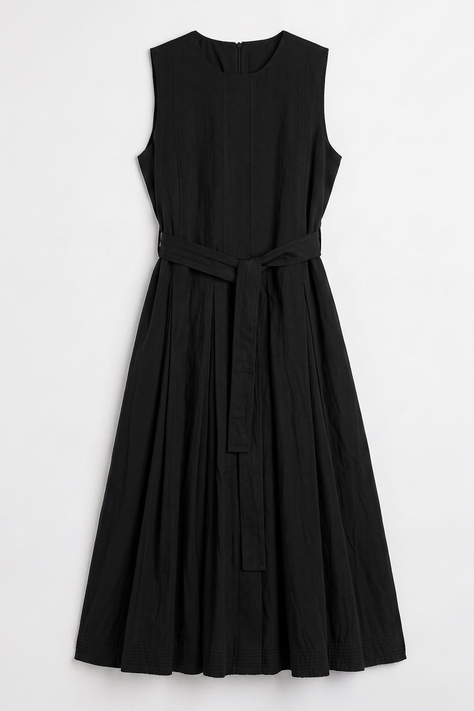Pleated Cotton Midi Dress Black