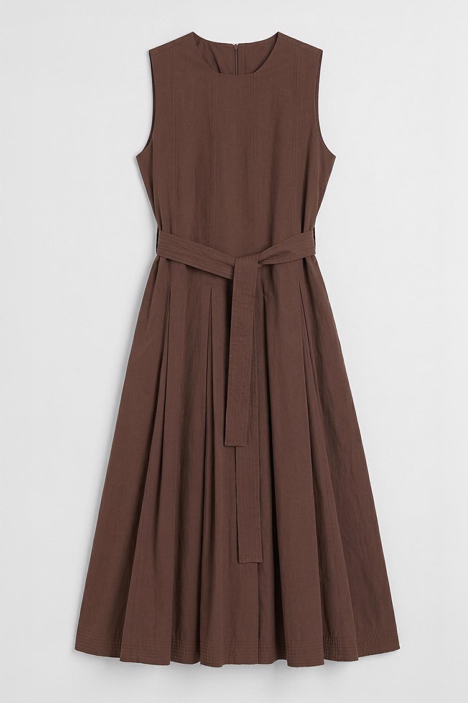 Pleated Cotton Midi Dress Cinnamon