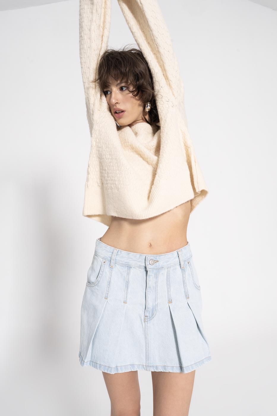 Pleated Mini Denim Skirt Ice blue