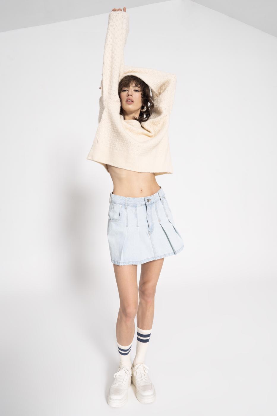 Pleated Mini Denim Skirt Ice blue