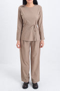 Pleated Straight Cut Fabric Trousers Brown