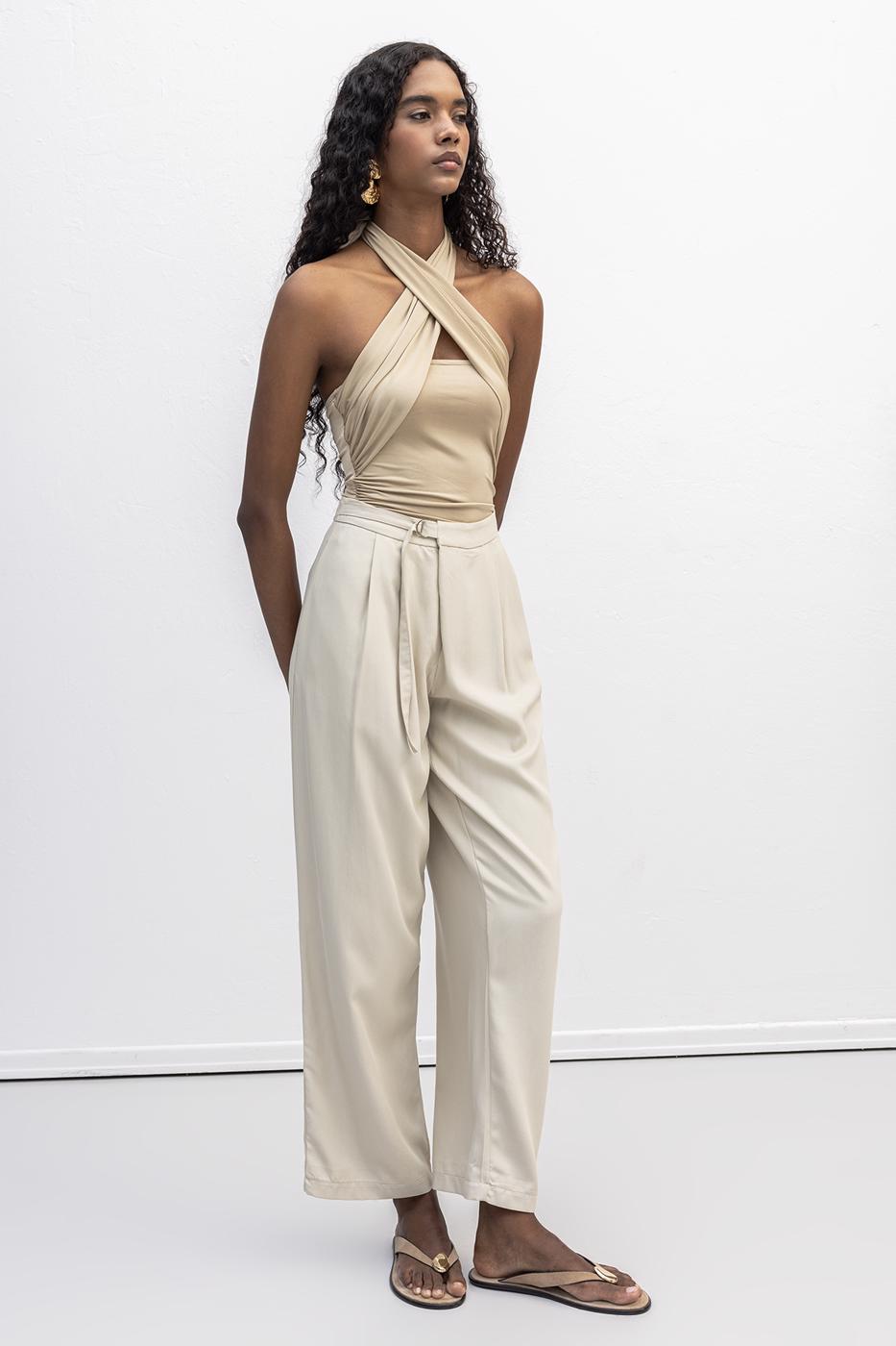 Pleated Carrot Trousers Beige