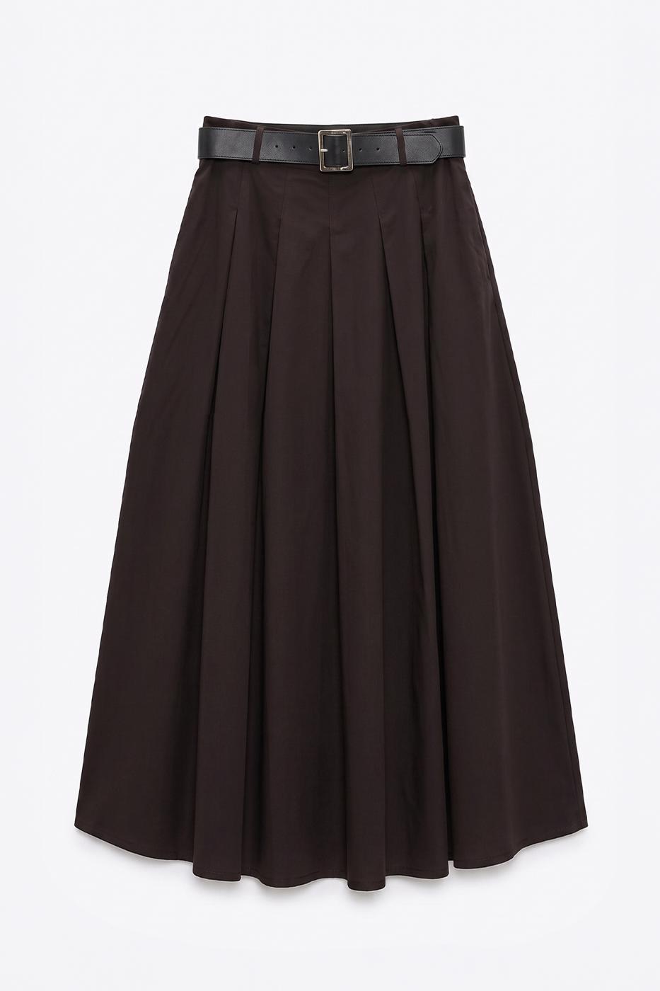 Pleated Midi Ruffled Skirt Brown