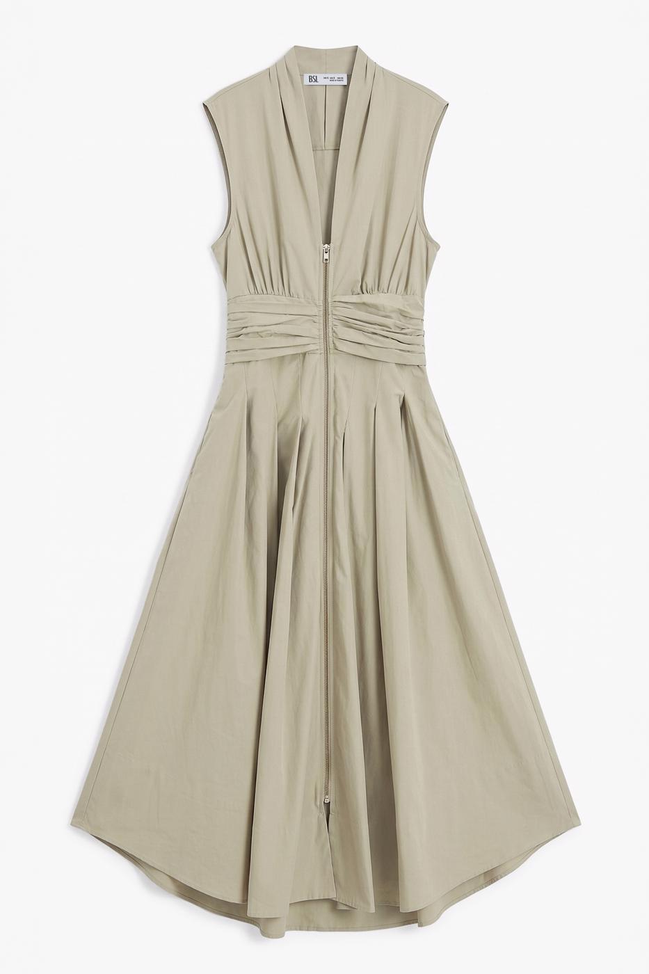 Pleated Cotton Midi Dress Olive