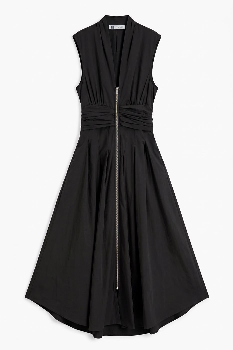 Pleated Cotton Midi Dress Black