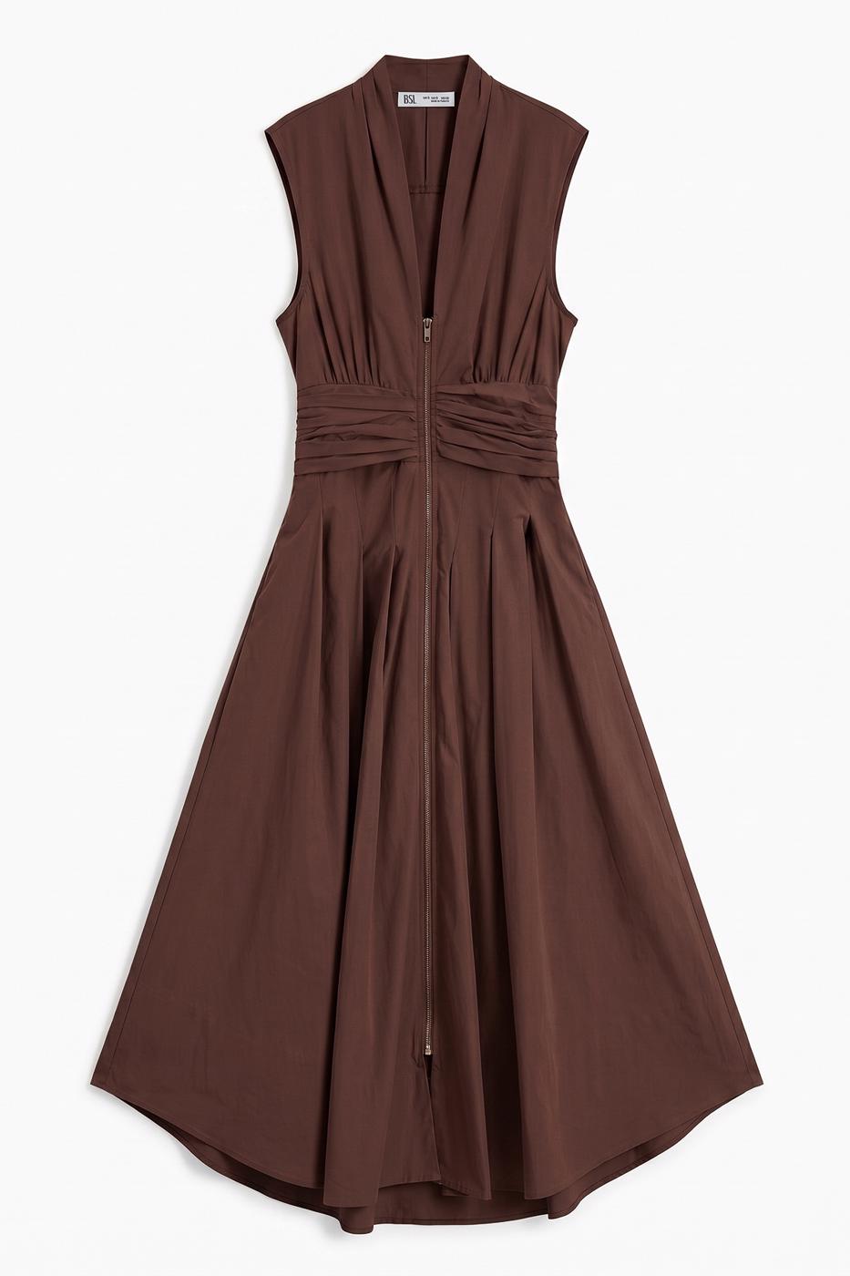 Pleated Cotton Midi Dress Cinnamon