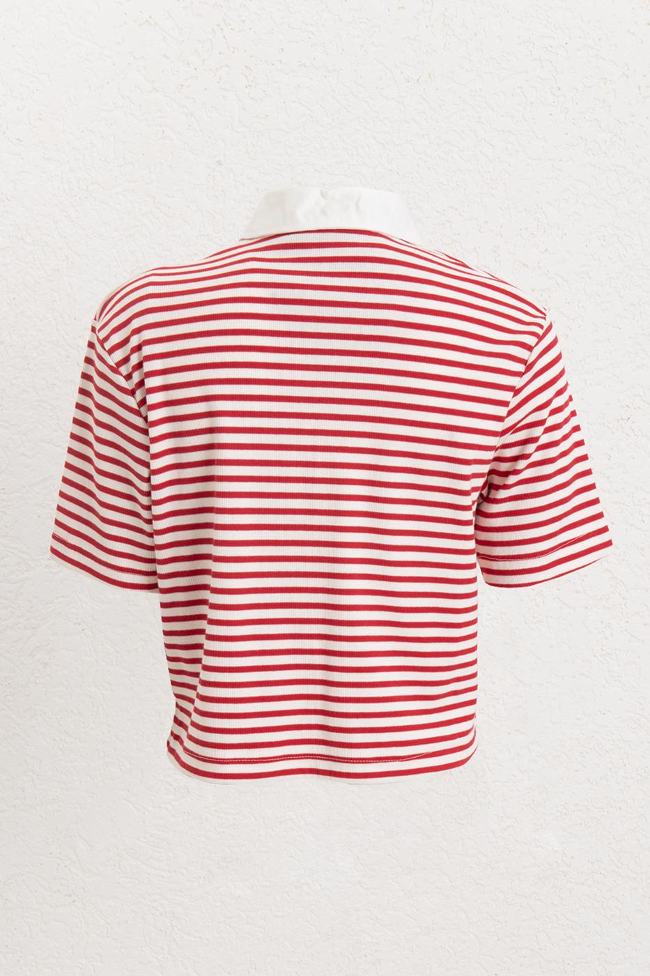 Polo Neck Striped Balloon Tshirt Red