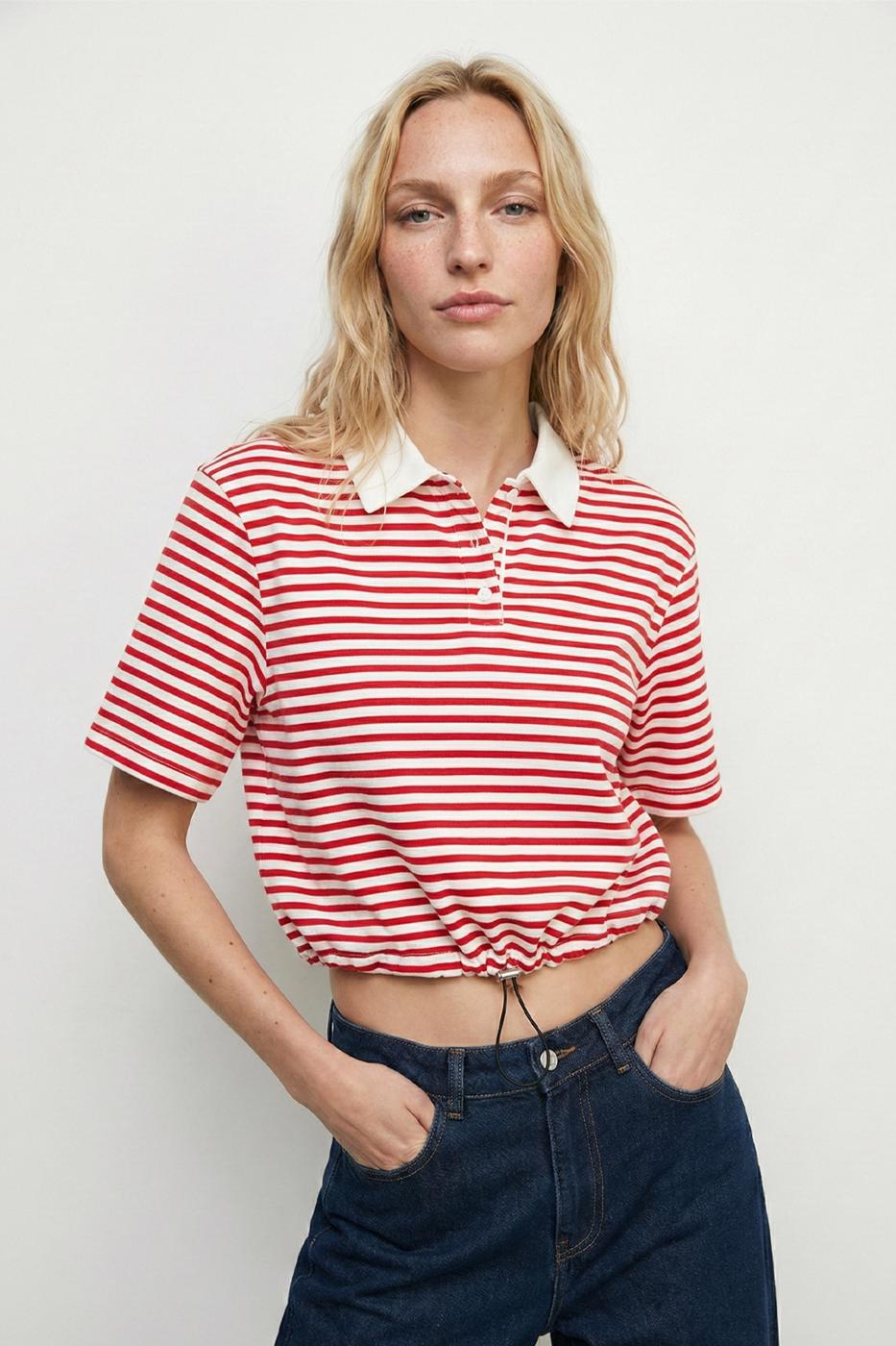 Polo Neck Striped Balloon Tshirt Red