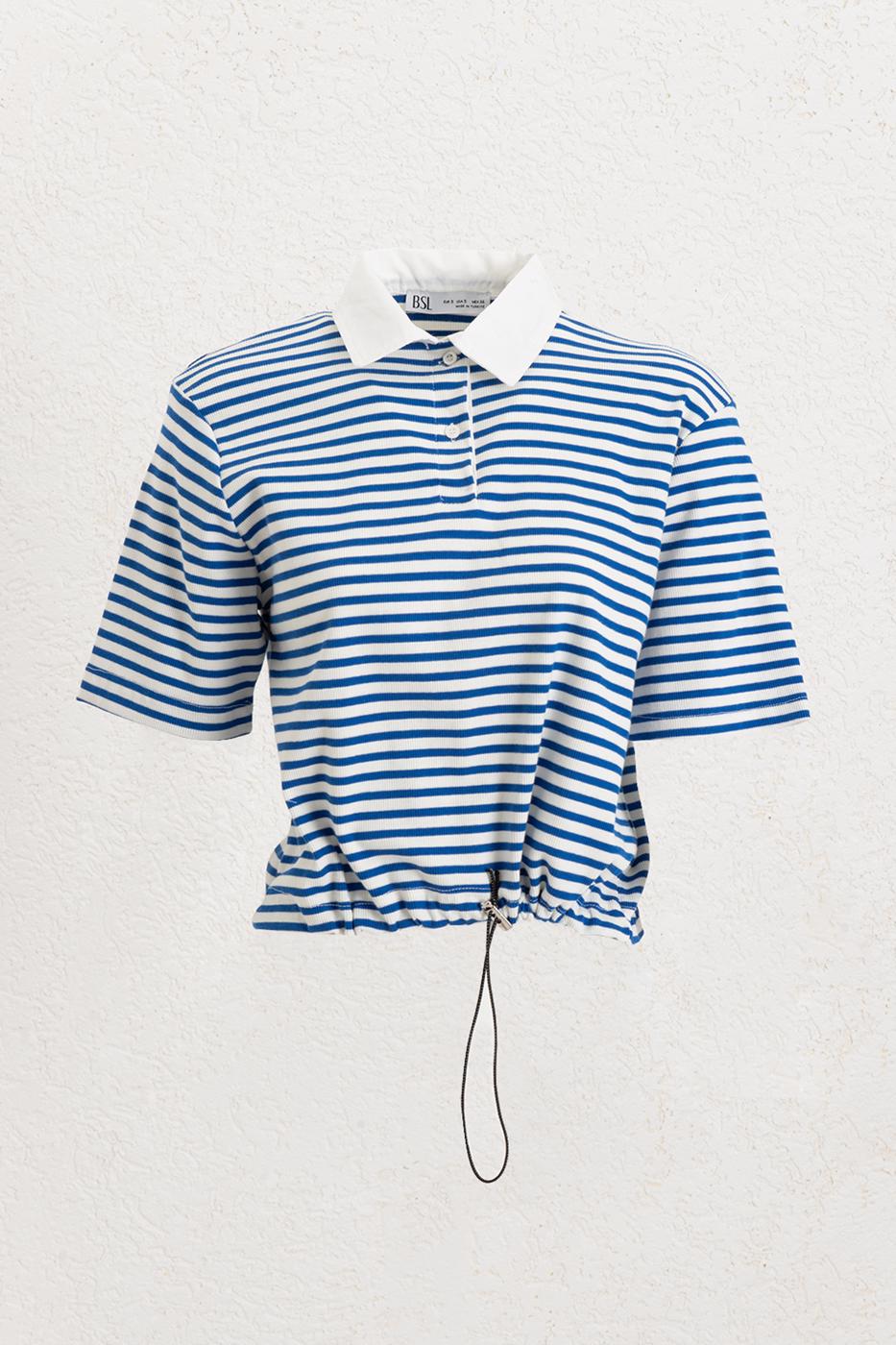 Polo Neck Striped Balloon Tshirt Blue
