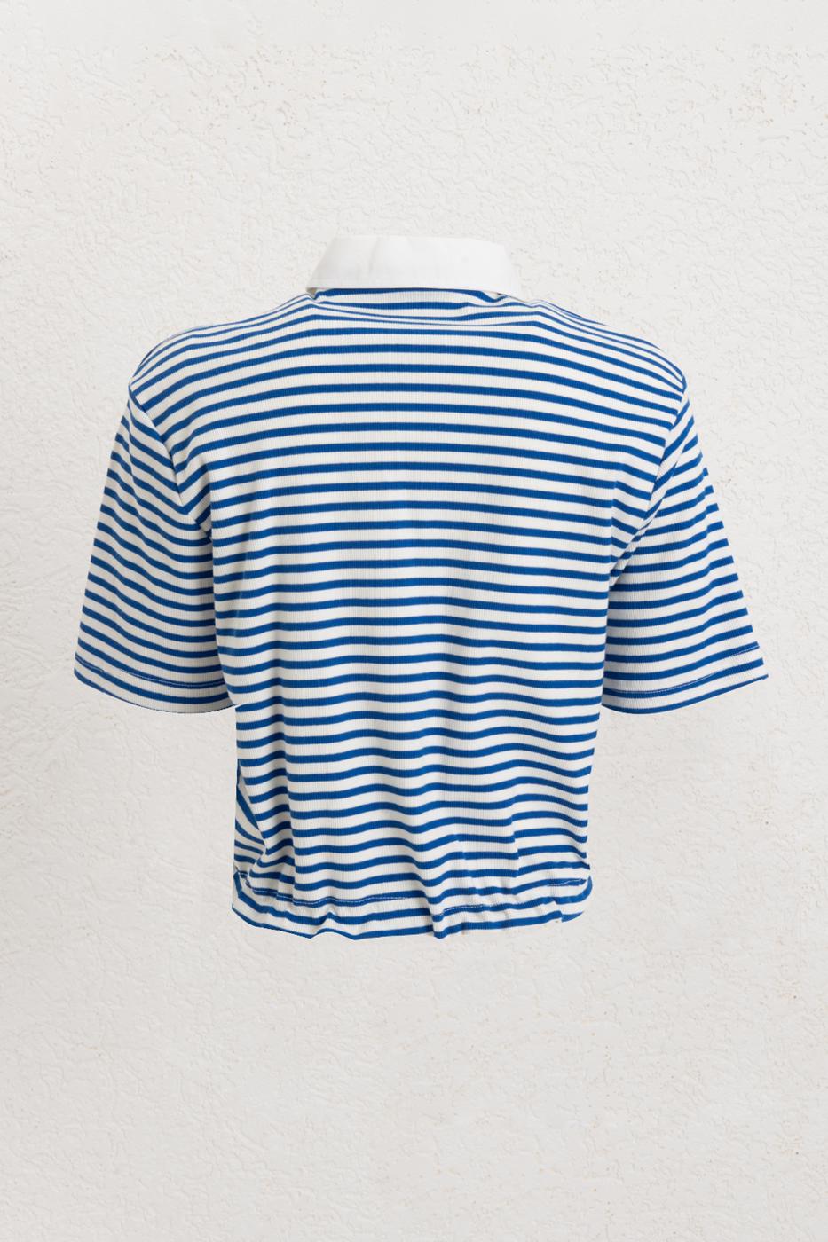 Polo Neck Striped Balloon Tshirt Blue