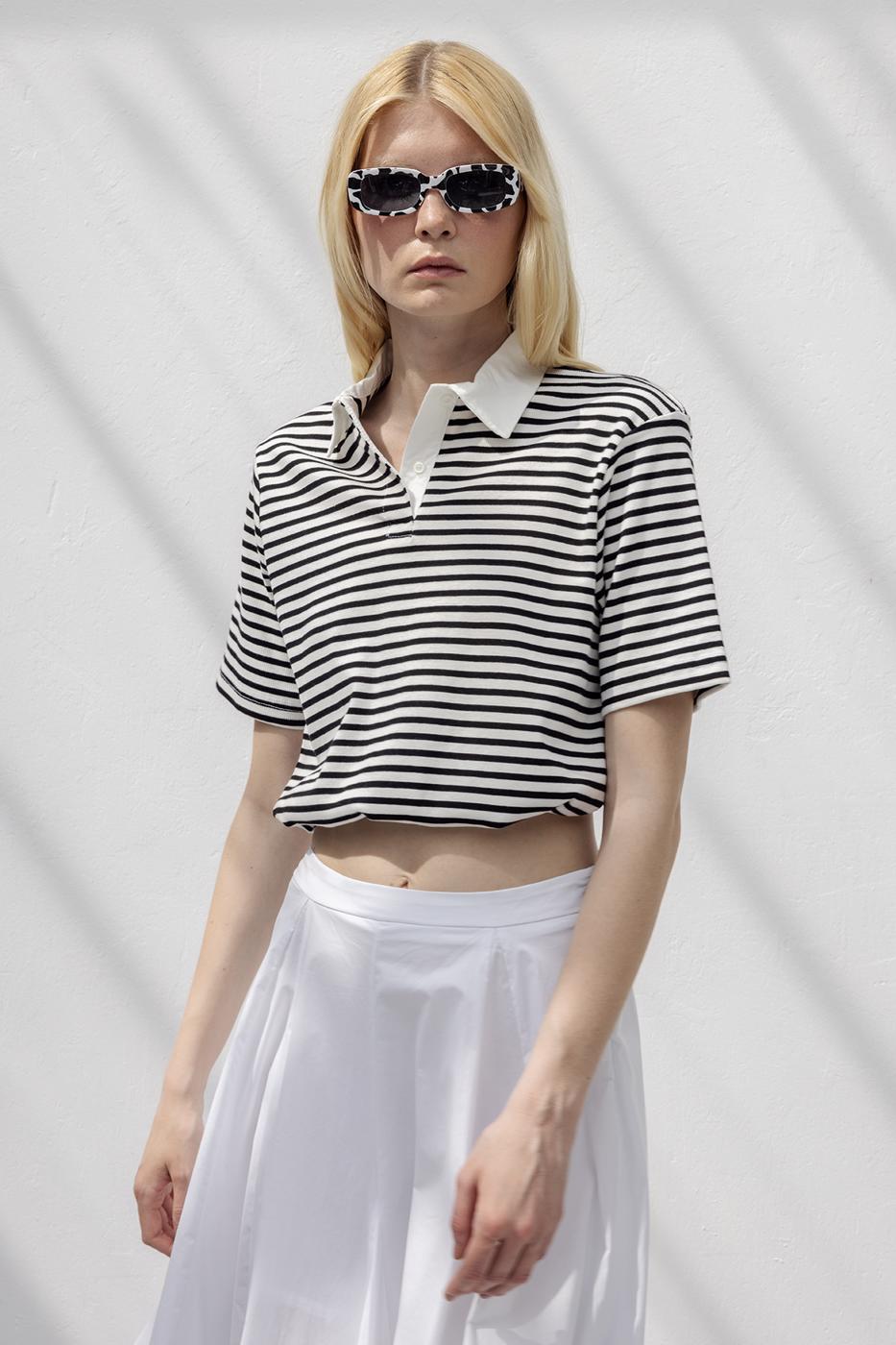 Polo Neck Striped Balloon Tshirt Black