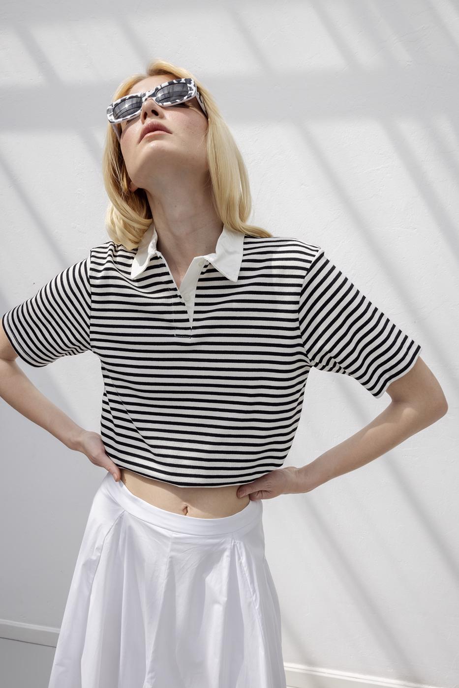 Polo Neck Striped Balloon Tshirt Black
