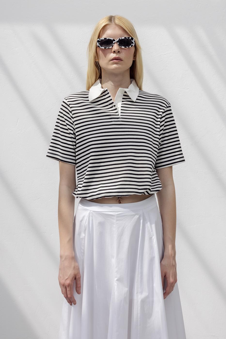 Polo Neck Striped Balloon Tshirt Black