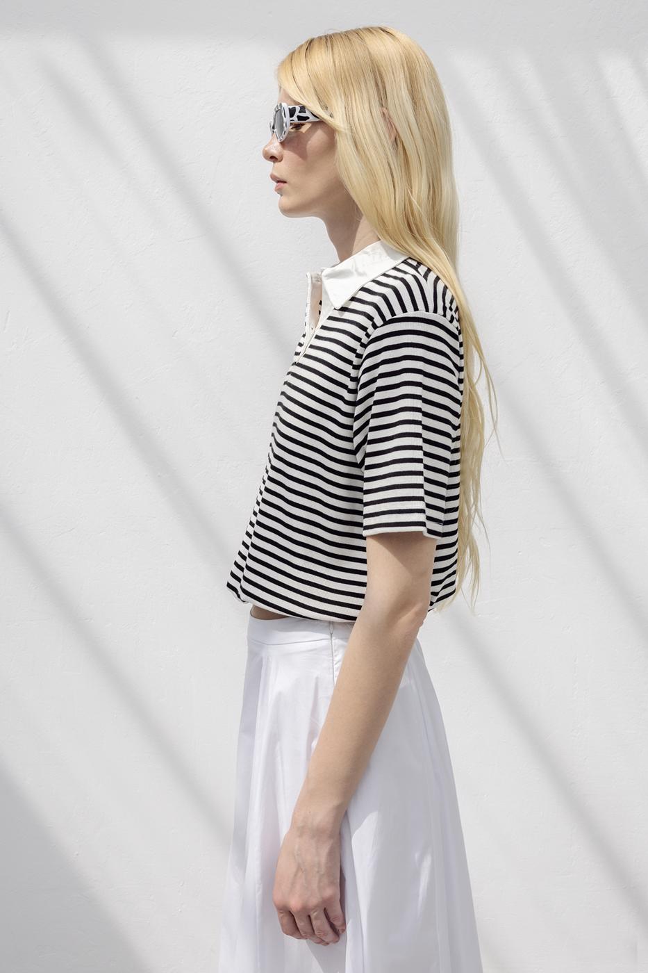 Polo Neck Striped Balloon Tshirt Black