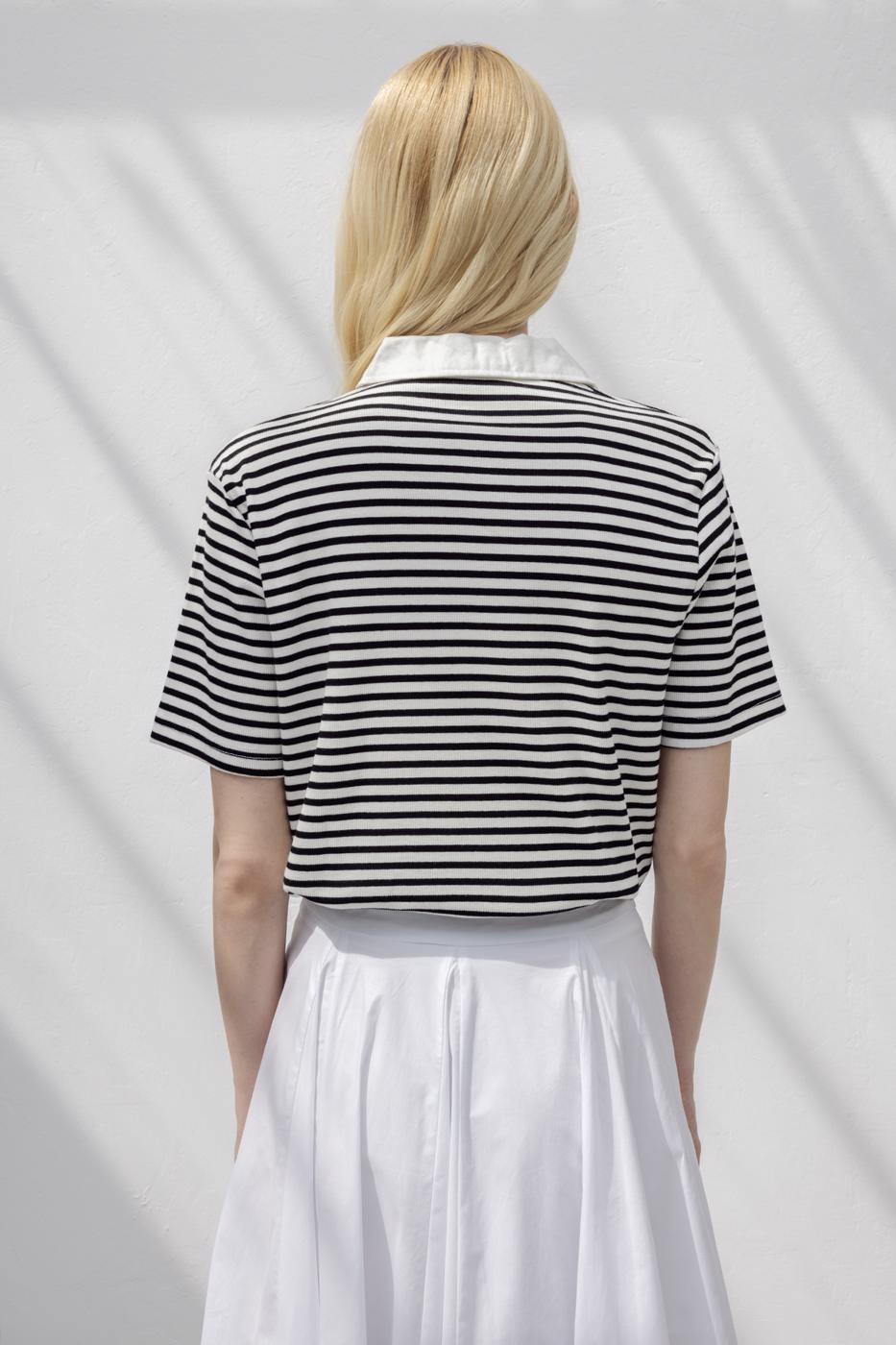 Polo Neck Striped Balloon Tshirt Black