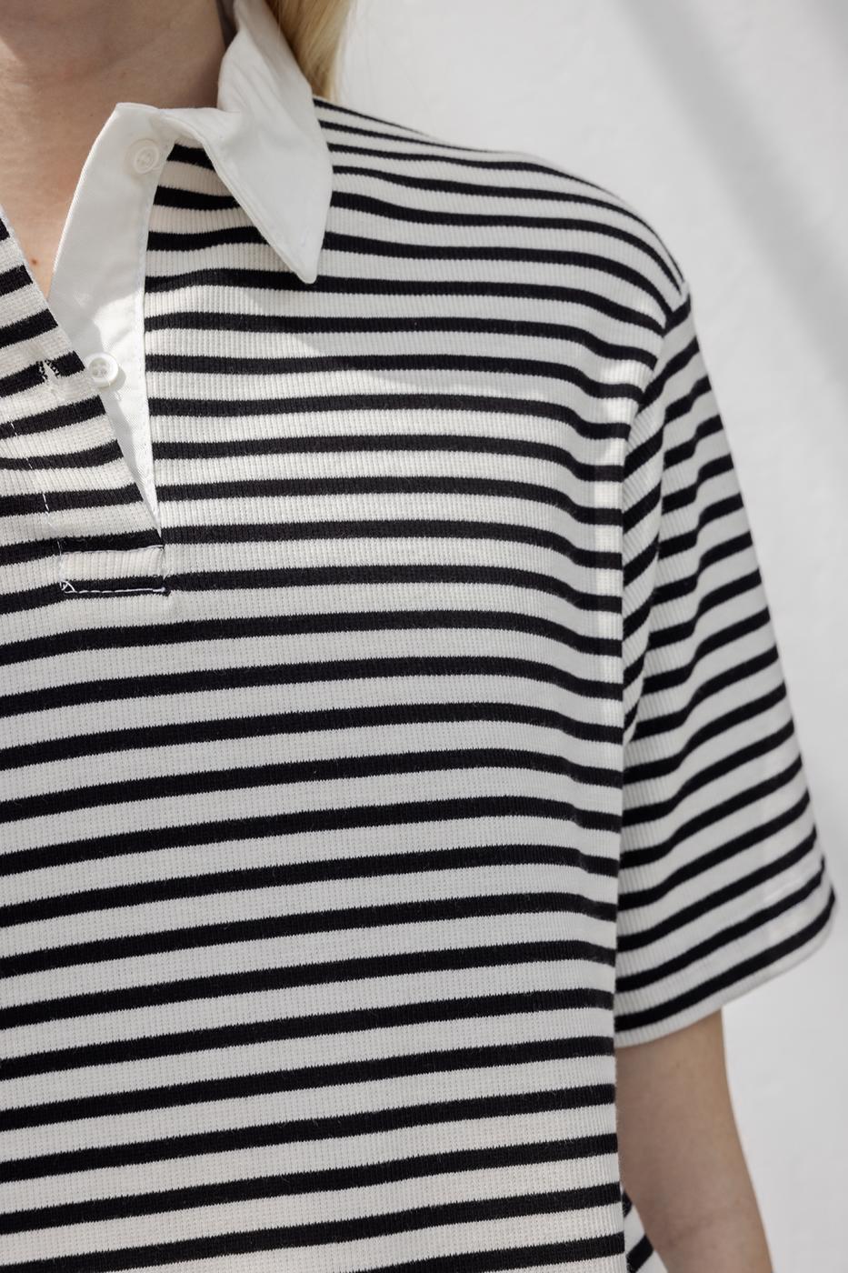 Polo Neck Striped Balloon Tshirt Black
