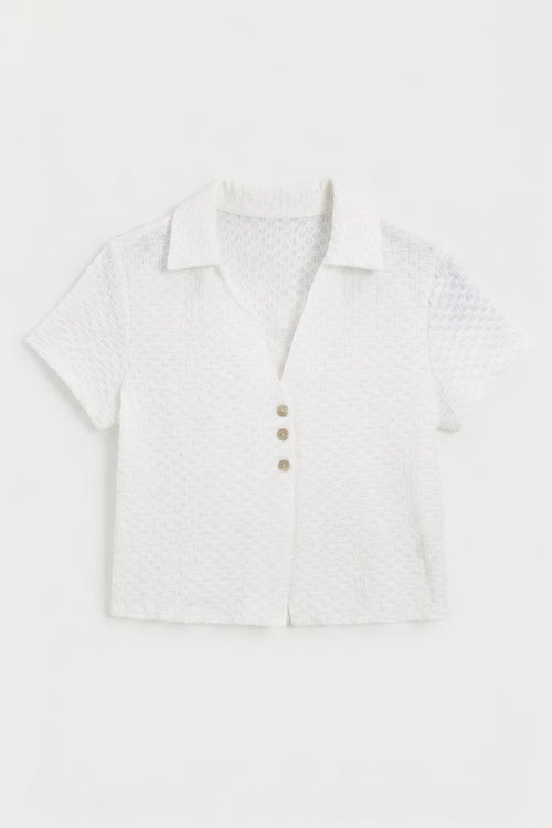 Polo Collar Textured Blouse White