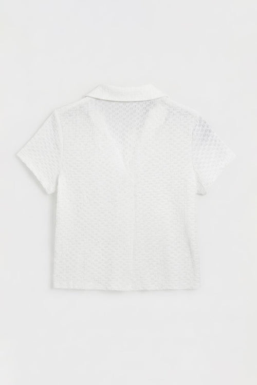 Polo Collar Textured Blouse White