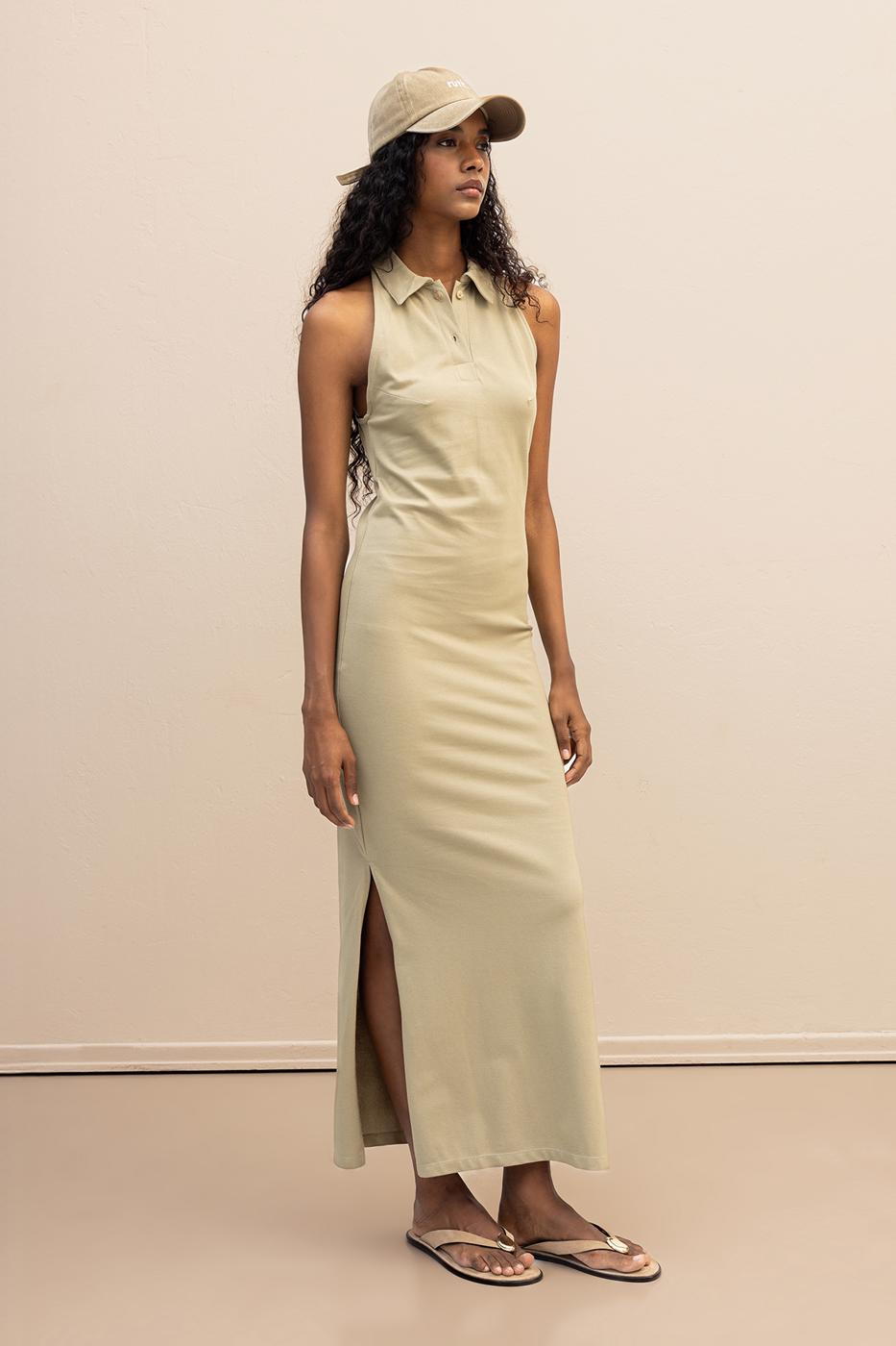 Polo Collar Maxi Pique Dress Khaki