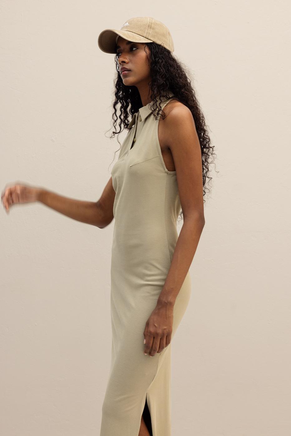 Polo Collar Maxi Pique Dress Khaki