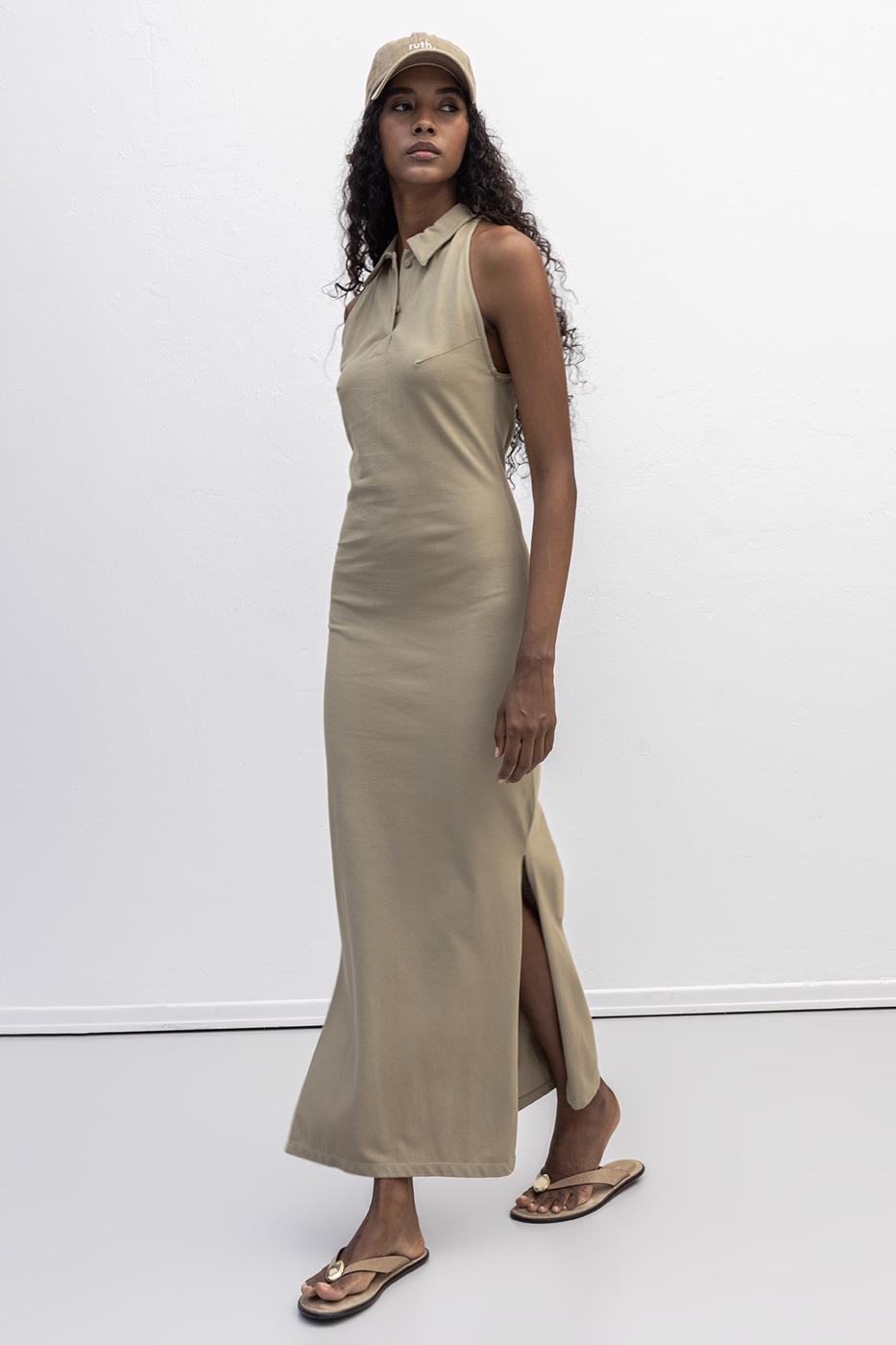 Polo Collar Maxi Pique Dress Khaki