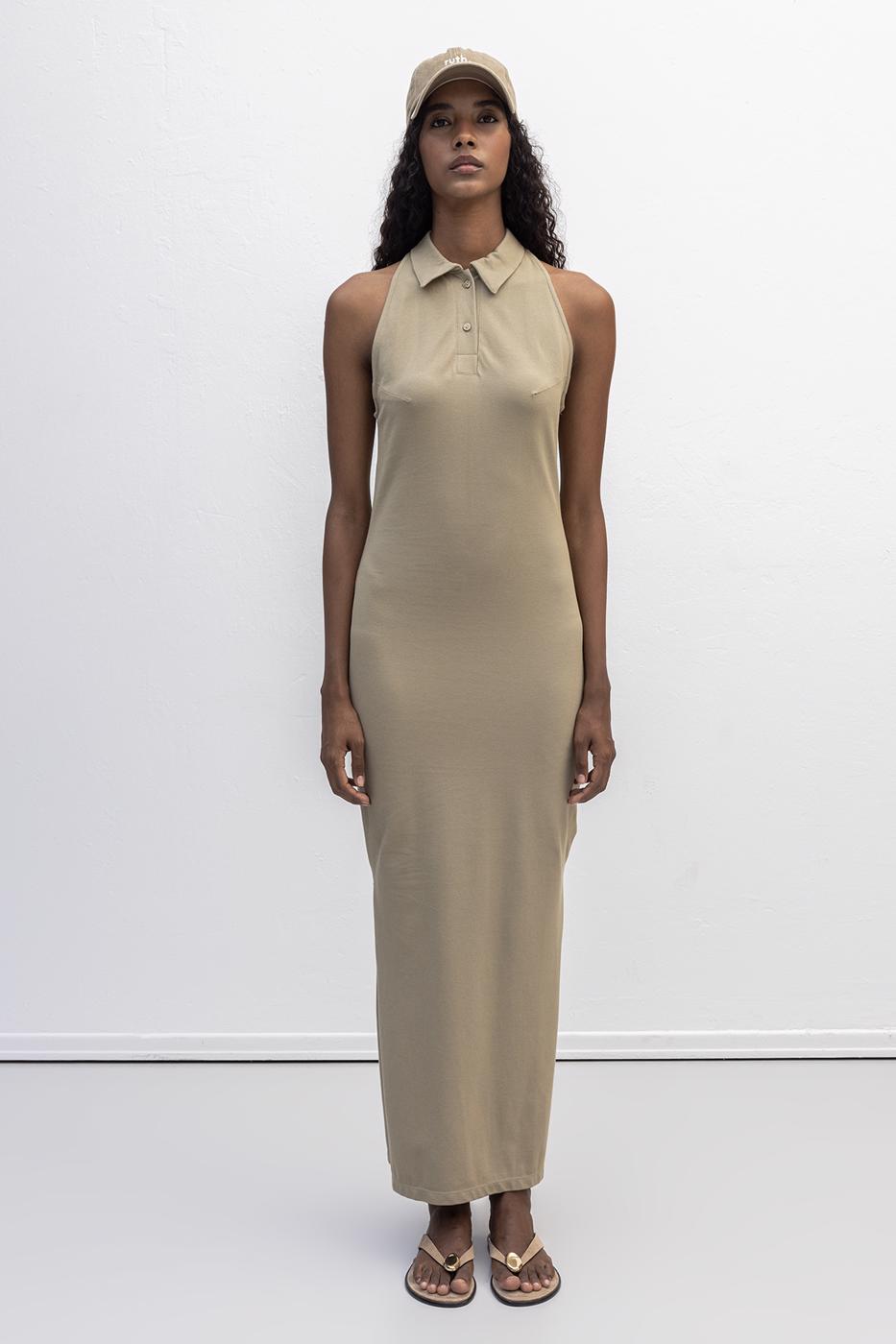 Polo Collar Maxi Pique Dress Khaki