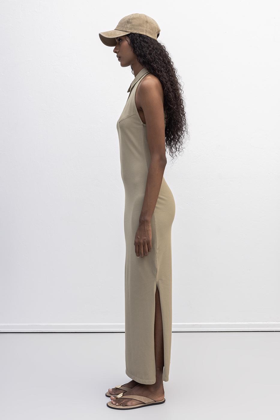 Polo Collar Maxi Pique Dress Khaki