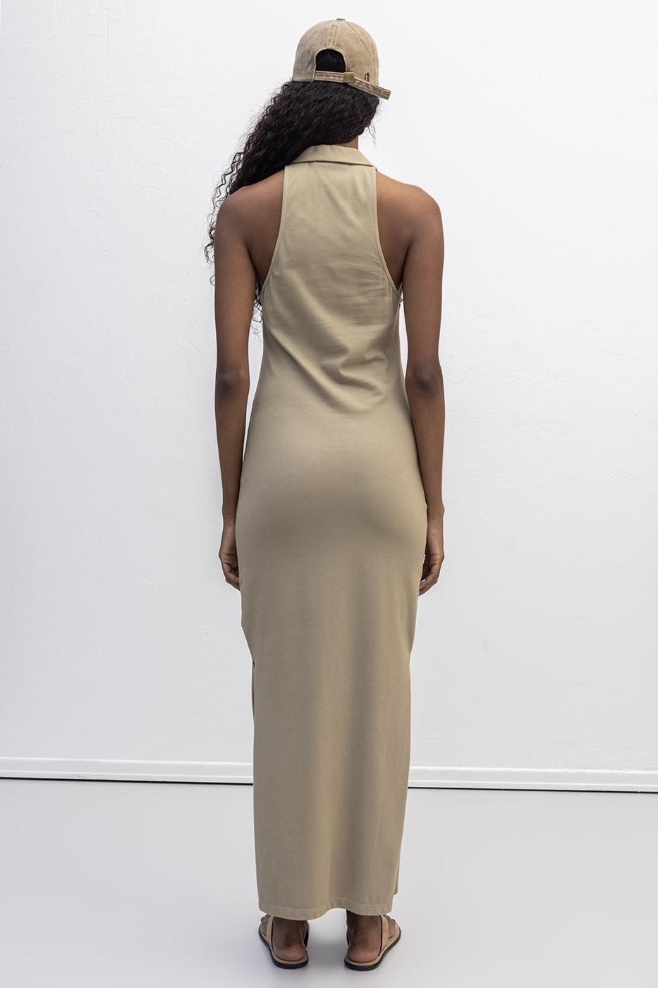 Polo Collar Maxi Pique Dress Khaki