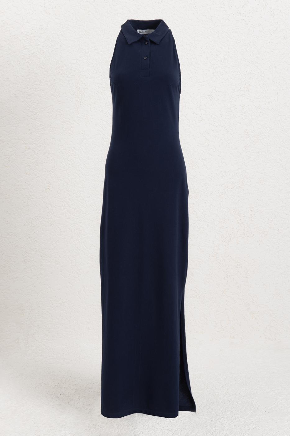 Polo Collar Maxi Pique Dress Navy