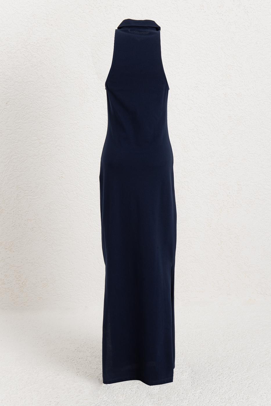 Polo Collar Maxi Pique Dress Navy
