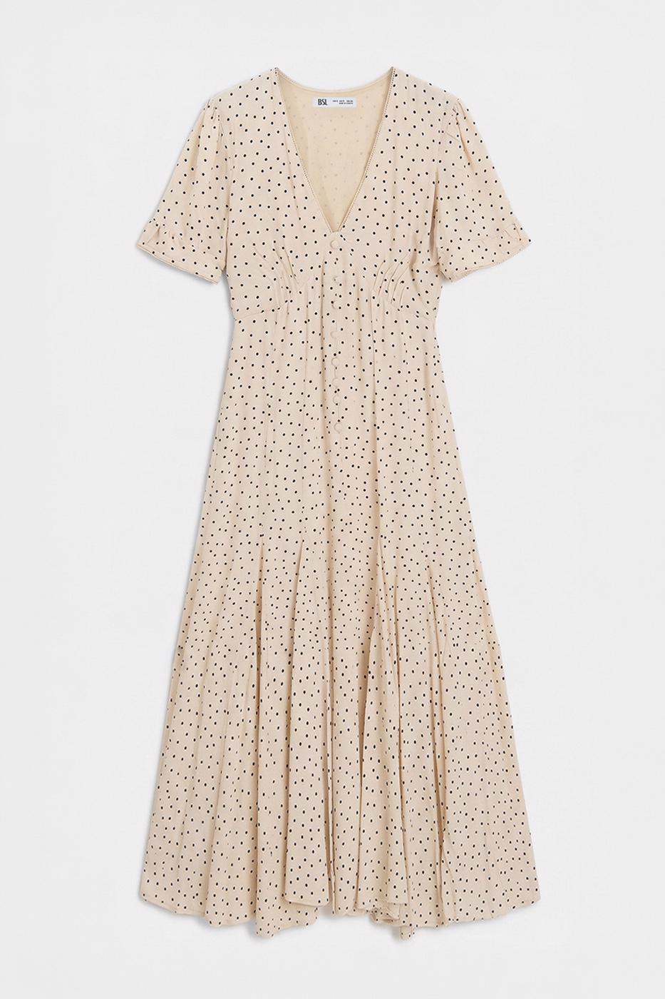 Polka Dot Ruffled Midi Dress Ecru