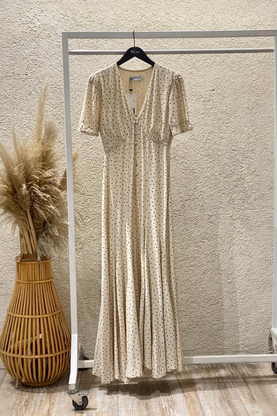 Polka Dot Ruffled Midi Dress Ecru