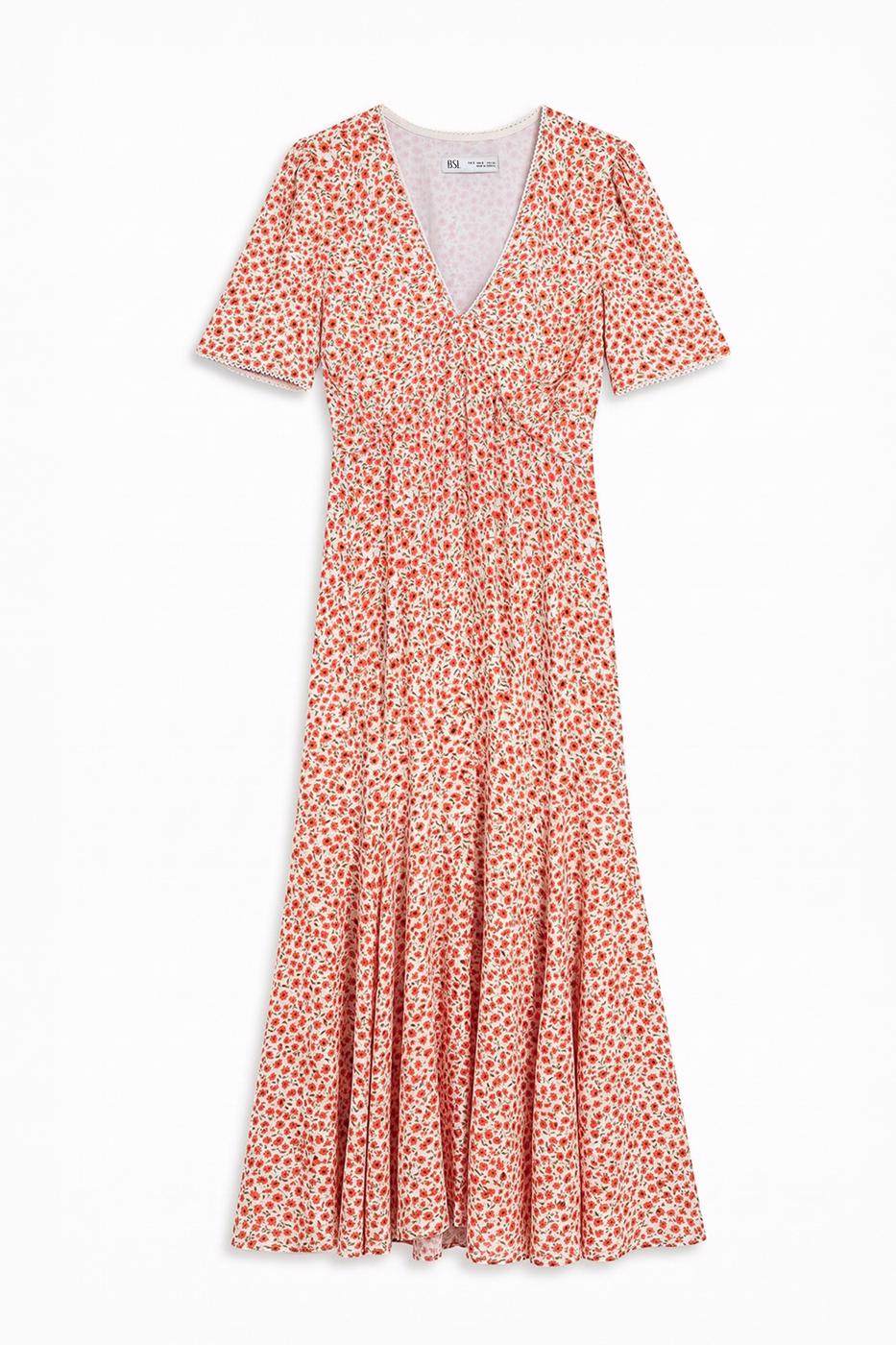 Polka Dot Ruffled Midi Dress Red flower