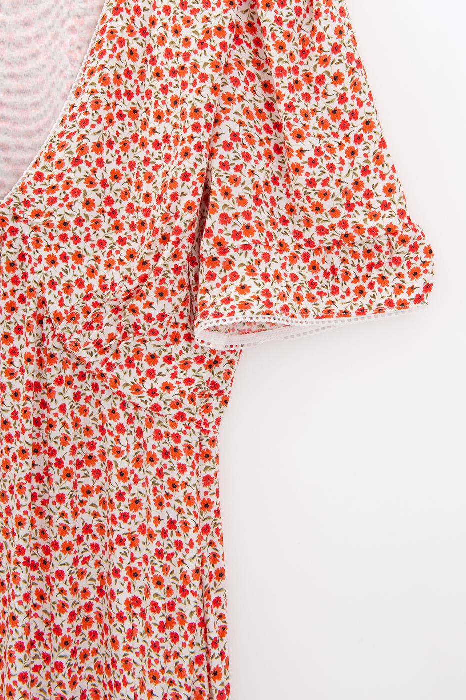 Polka Dot Ruffled Midi Dress Red flower