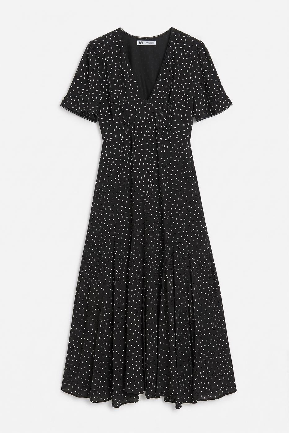 Polka Dot Ruffled Midi Dress Black