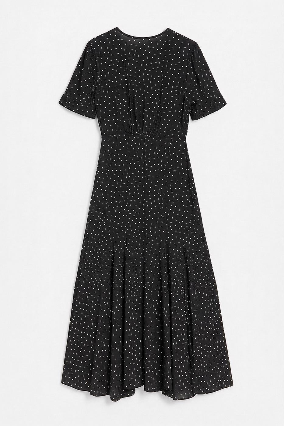 Polka Dot Ruffled Midi Dress Black