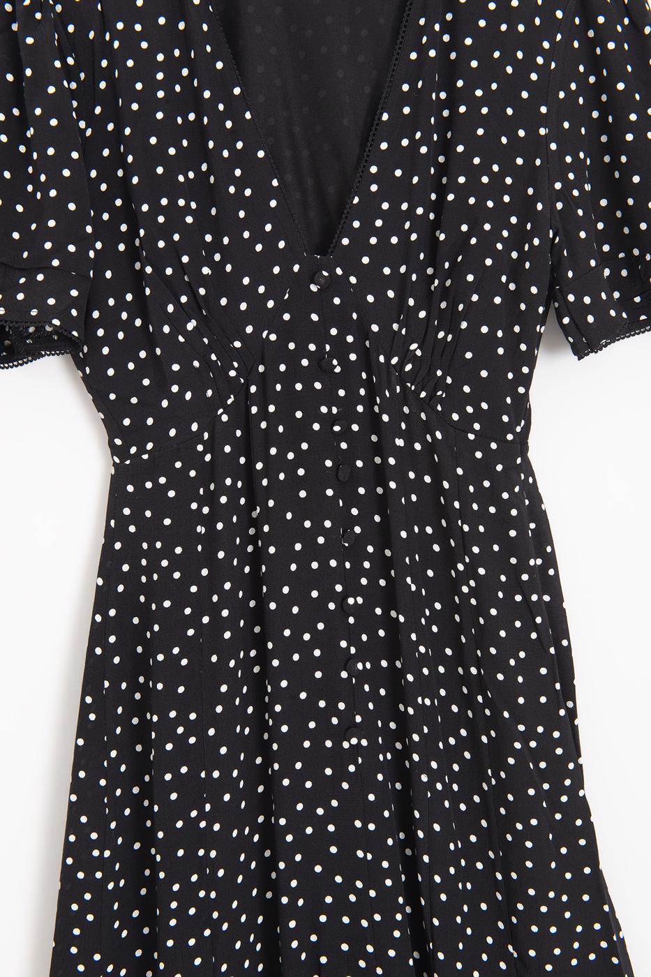 Polka Dot Ruffled Midi Dress Black