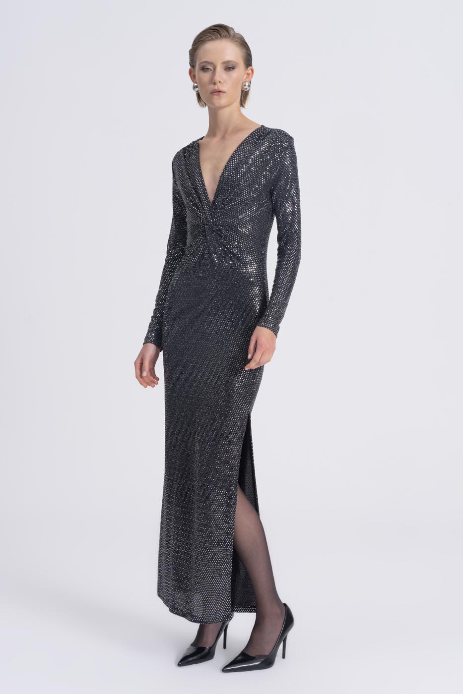 Sequined Twisted Maxi Dress Silver