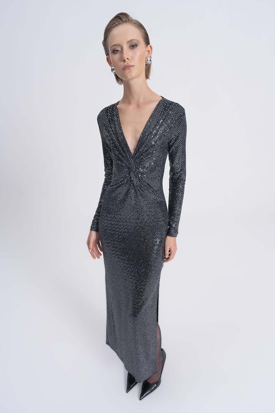 Sequined Twisted Maxi Dress Silver