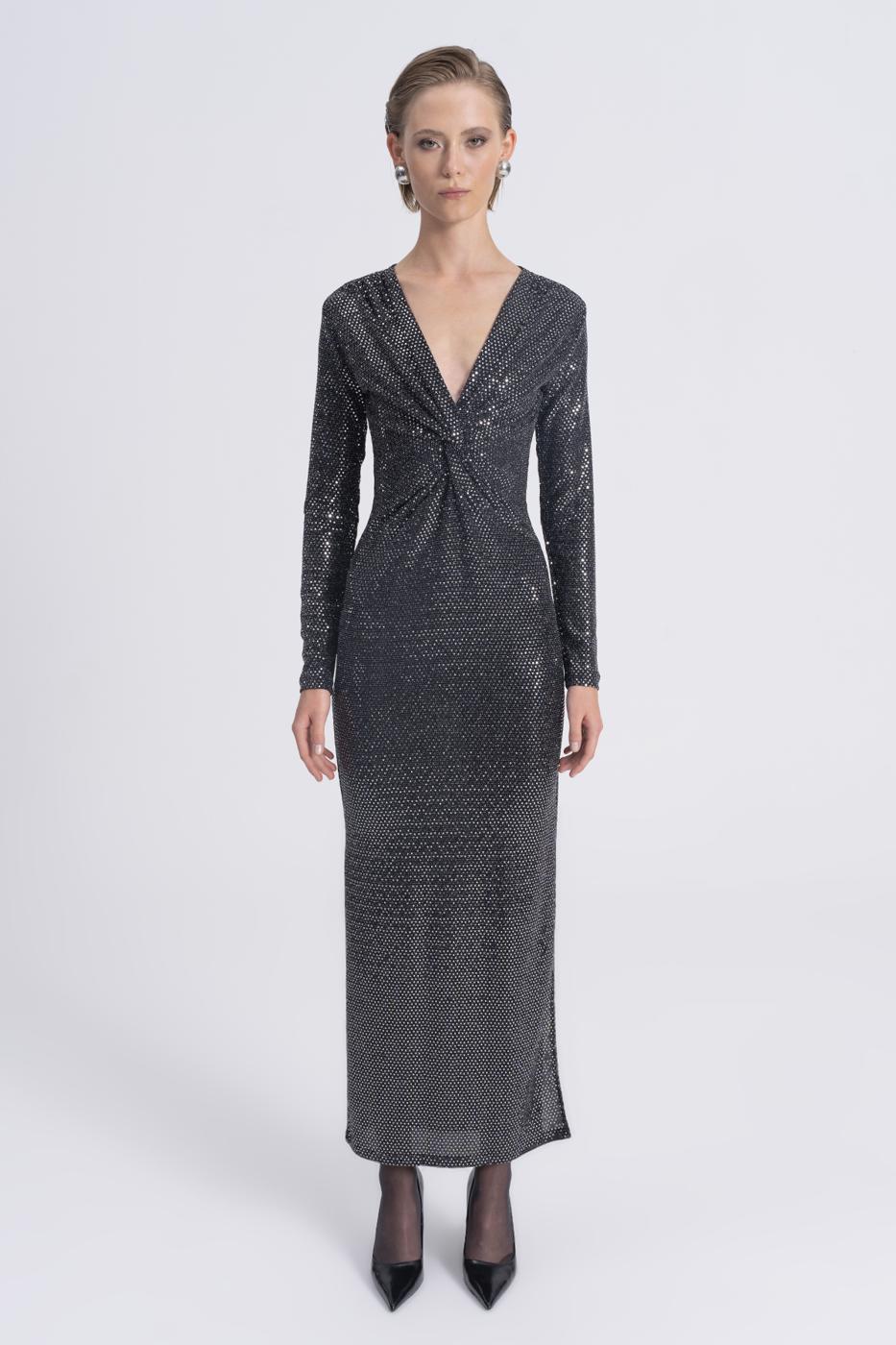 Sequined Twisted Maxi Dress Silver