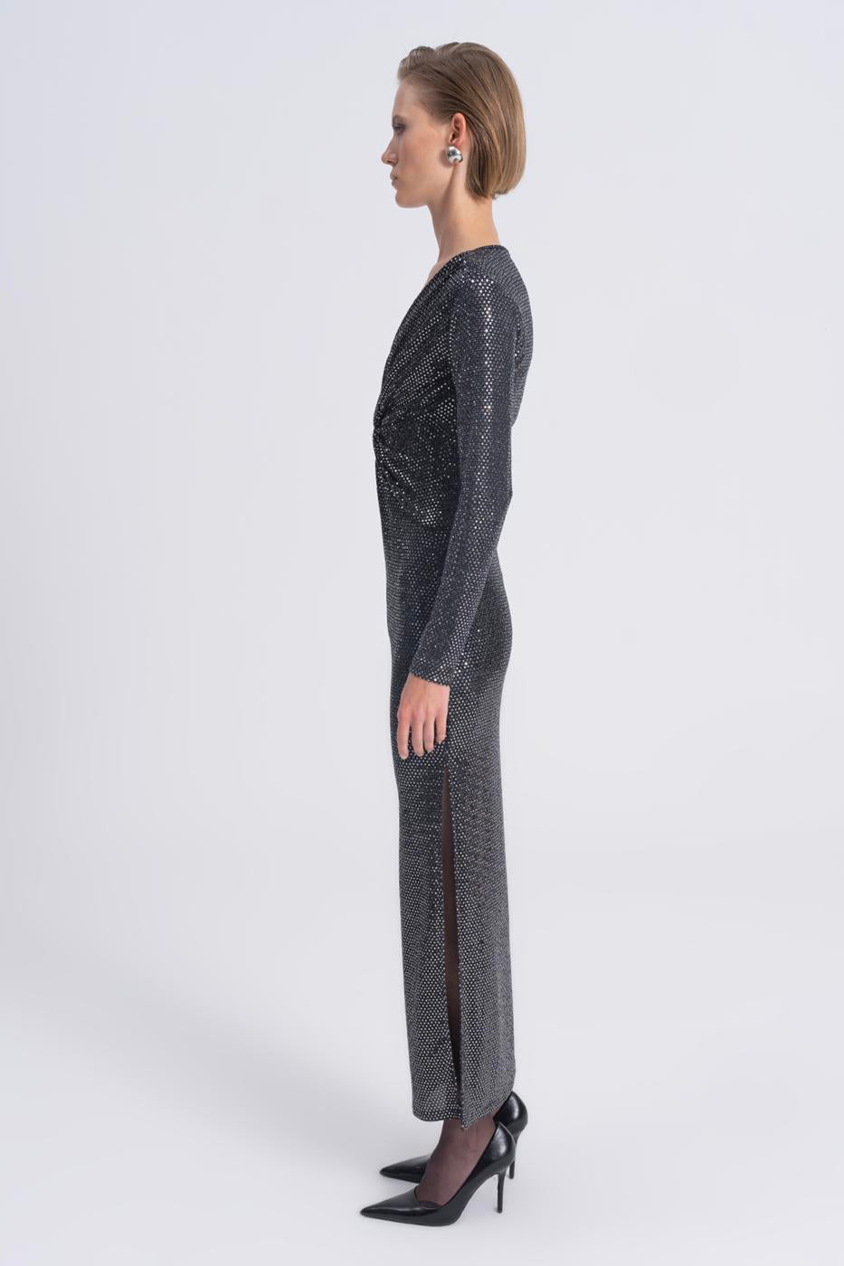Sequined Twisted Maxi Dress Silver