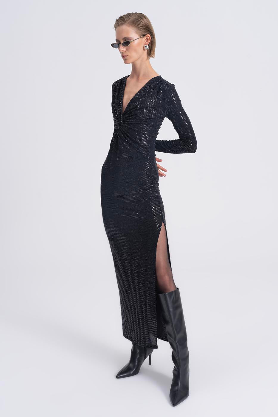 Sequined Twisted Maxi Dress Black